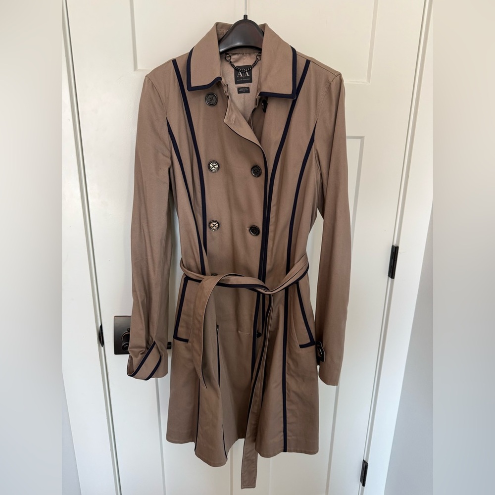 Armani Exchange Tan Trench Coat with navy blue piping. EUC. Size L. Spring ready